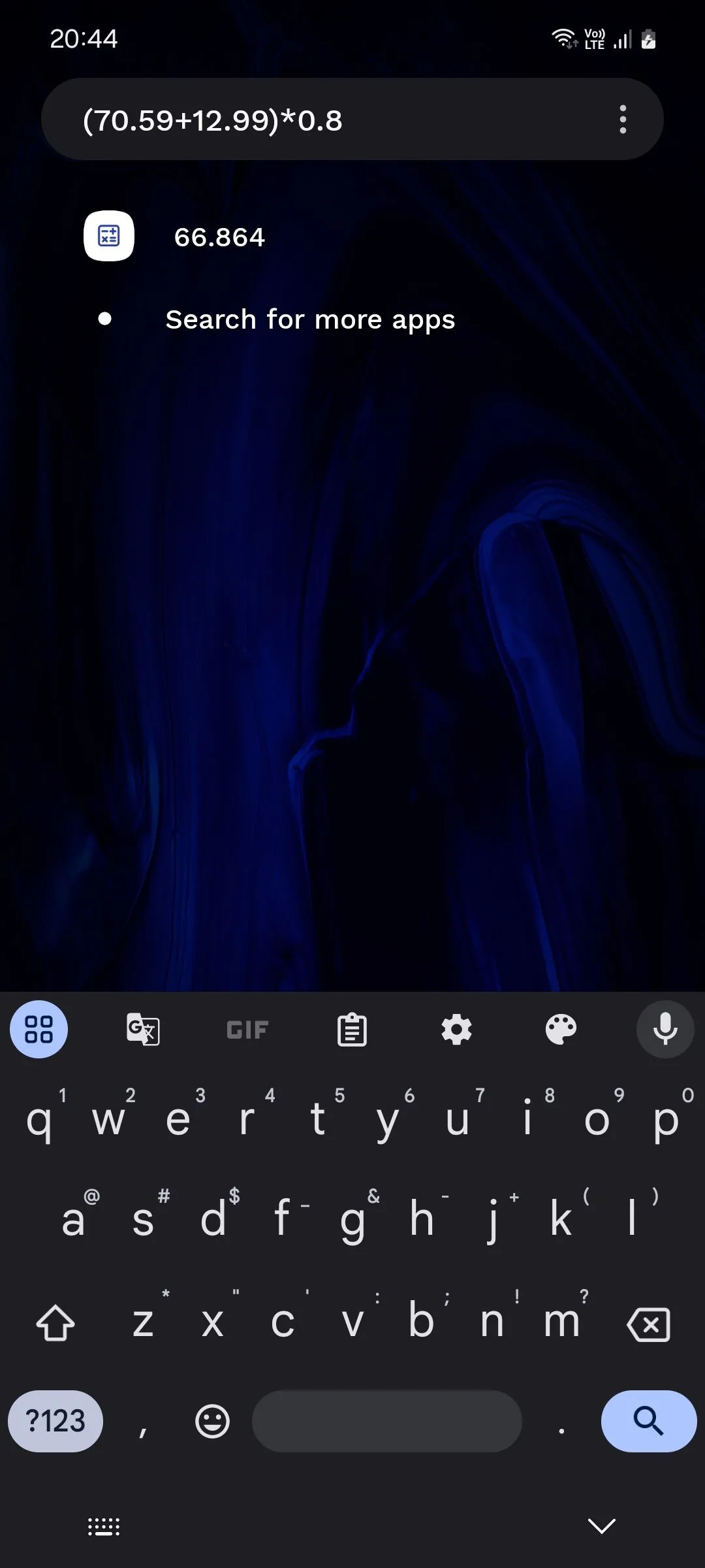 Thanh tìm kiếm của Niagara Launcher tích hợp máy tính hiển thị kết quả phép tính cơ bản