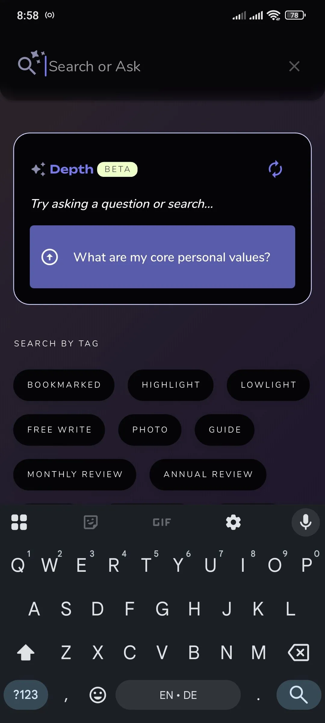 Thanh tìm kiếm Depth AI trong ứng dụng Reflection.app, cho phép người dùng đặt câu hỏi về các khuôn mẫu trong nhật ký