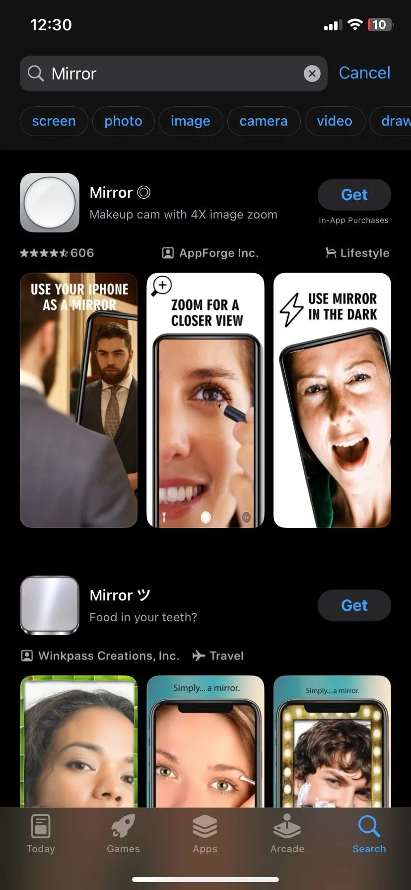 Thanh tìm kiếm trên iPhone hiển thị các ứng dụng &quot;gương&quot; có thể tải về từ App Store.