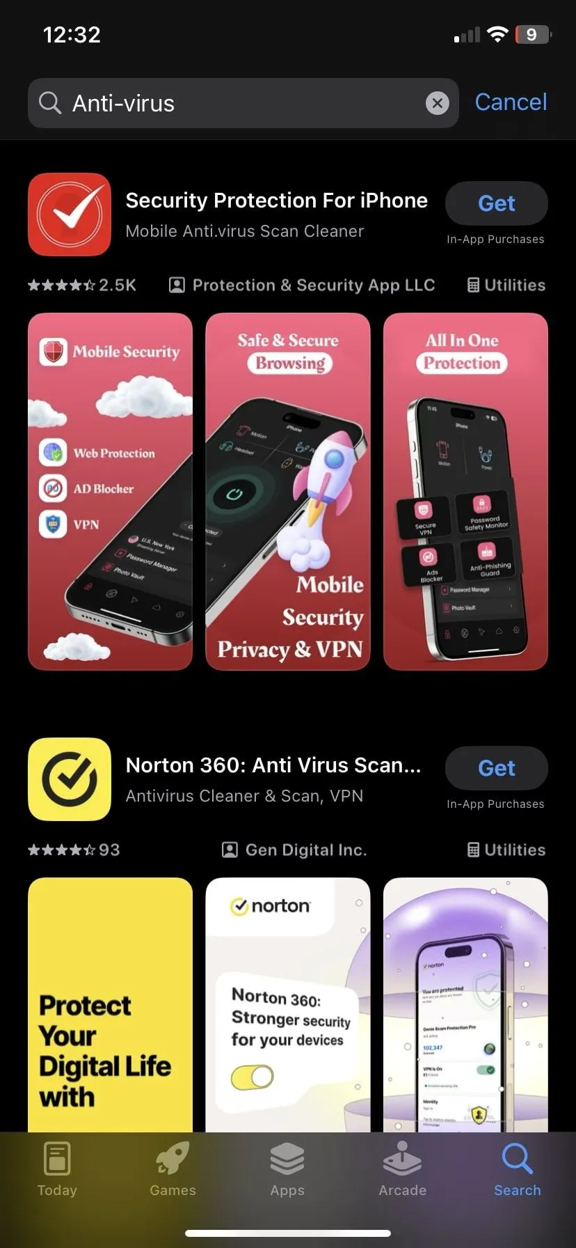 Thanh tìm kiếm trên iPhone với từ khóa &quot;antivirus app&quot;, cho thấy các ứng dụng diệt virus trên App Store.