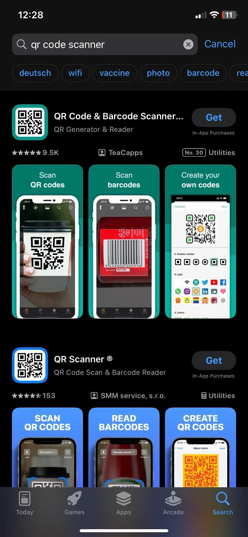 Thanh tìm kiếm trên iPhone với từ khóa &quot;QR code scanner app&quot; cho thấy nhiều ứng dụng quét mã QR.