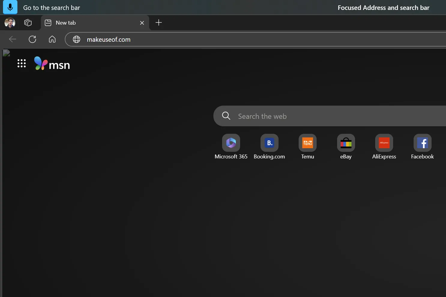 Thanh tìm kiếm trình duyệt Microsoft Edge được điều hướng bằng lệnh Voice Access trên Windows 11.