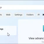 Thanh tìm kiếm Windows 11 mở, nhập từ khóa 'view advanced system settings' để cấu hình SDelete.
