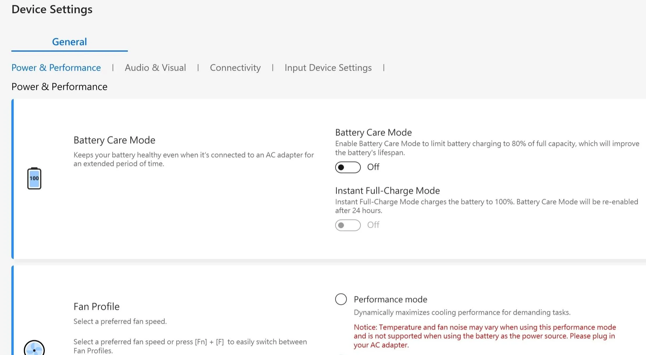 Thẻ Cài đặt thiết bị trong ứng dụng MyAsus, hiển thị tùy chọn Chế độ Chăm sóc pin (Battery Care Mode) để giới hạn sạc laptop Asus