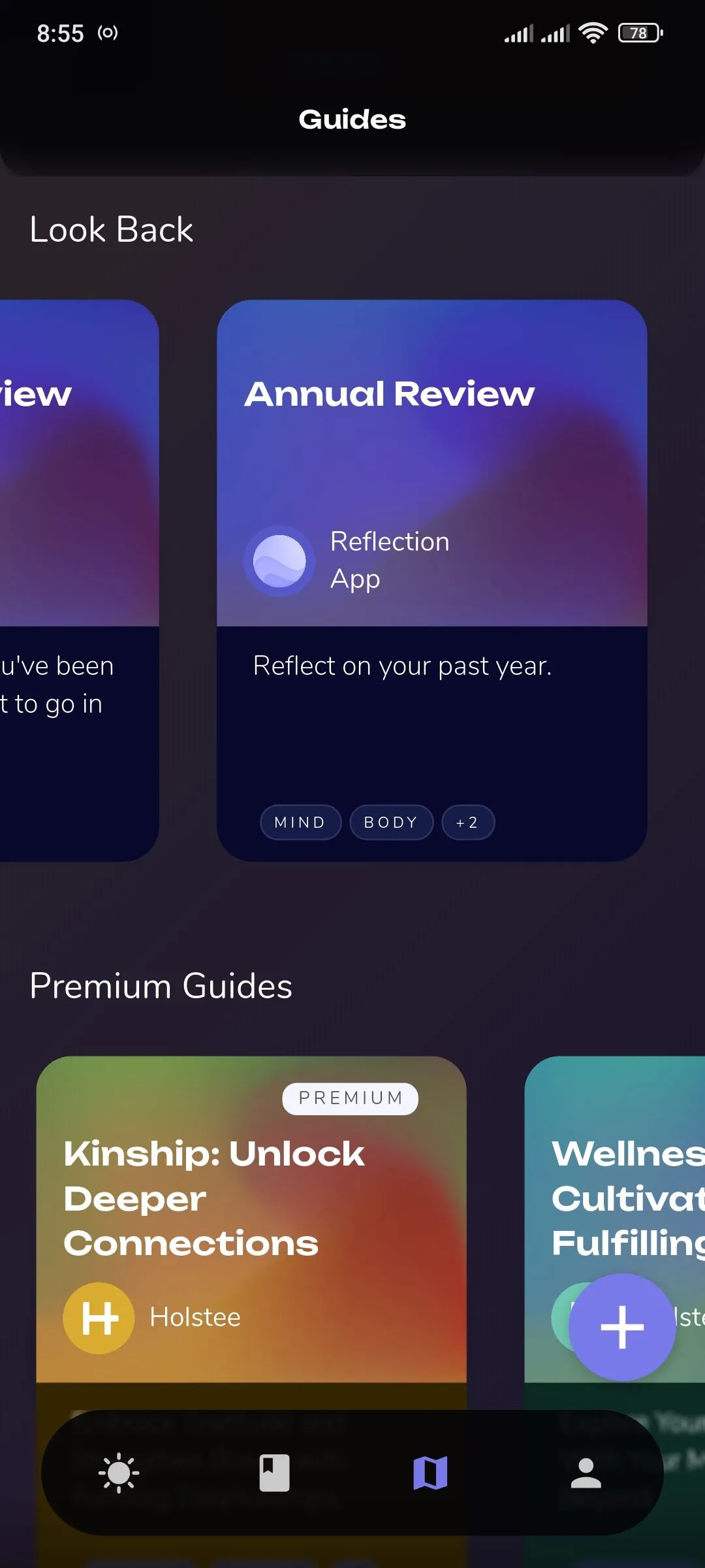 Thẻ &quot;Đánh giá thường niên&quot; trong phần hướng dẫn của ứng dụng Reflection.app, gợi ý các chủ đề tự phản tư