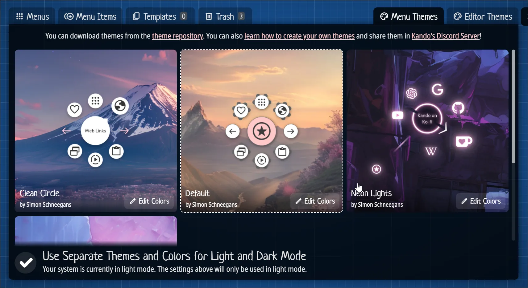 Thẻ Menu Themes trong trình chỉnh sửa Kando trên Windows 11, cho phép tùy chỉnh giao diện