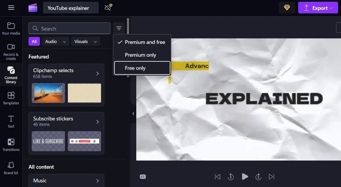 Thẻ thư viện nội dung phong phú của Clipchamp với các tài nguyên media