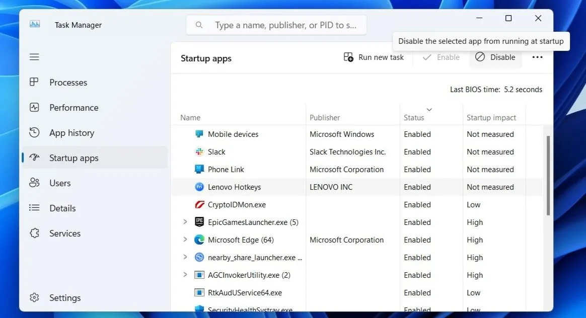Thẻ Ứng dụng khởi động (Startup Apps) trong Trình quản lý Tác vụ (Task Manager) của Windows 11