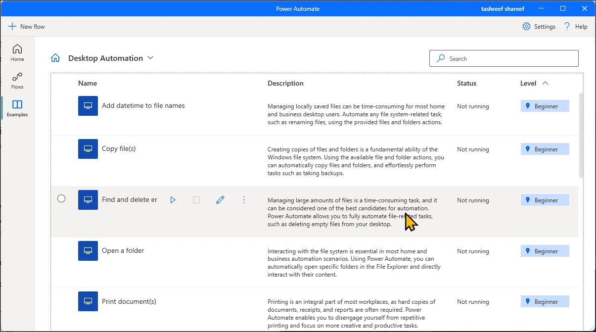 Thẻ &quot;Ví dụ&quot; trong Microsoft Power Automate trên Windows 11 hiển thị các mẫu quy trình tự động hóa