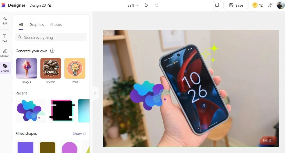 Thẻ Visuals trong ứng dụng Microsoft Designer cung cấp thư viện đồ họa và ảnh phong phú