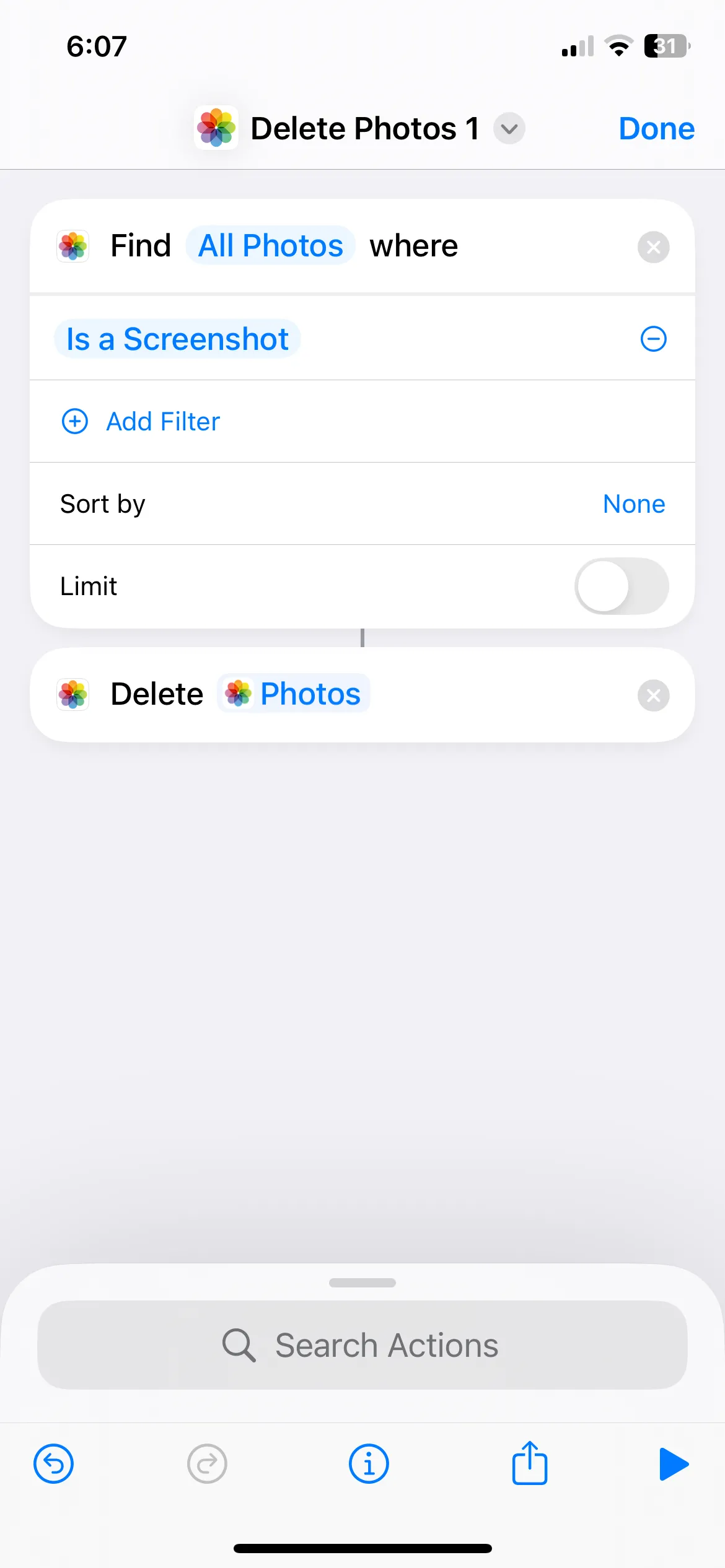 Thêm hành động Xóa Ảnh và đặt tên Phím tắt xóa ảnh chụp màn hình trên iPhone