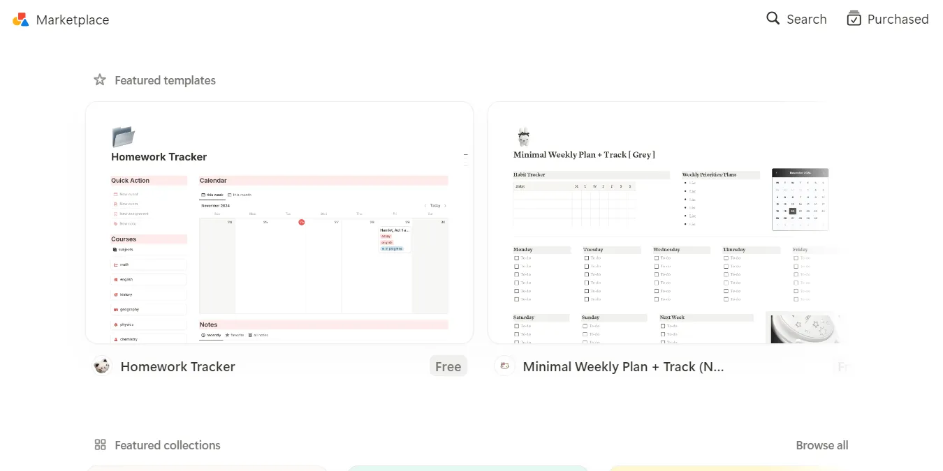 Thị trường mẫu (template marketplace) trong Notion cung cấp nhiều lựa chọn miễn phí