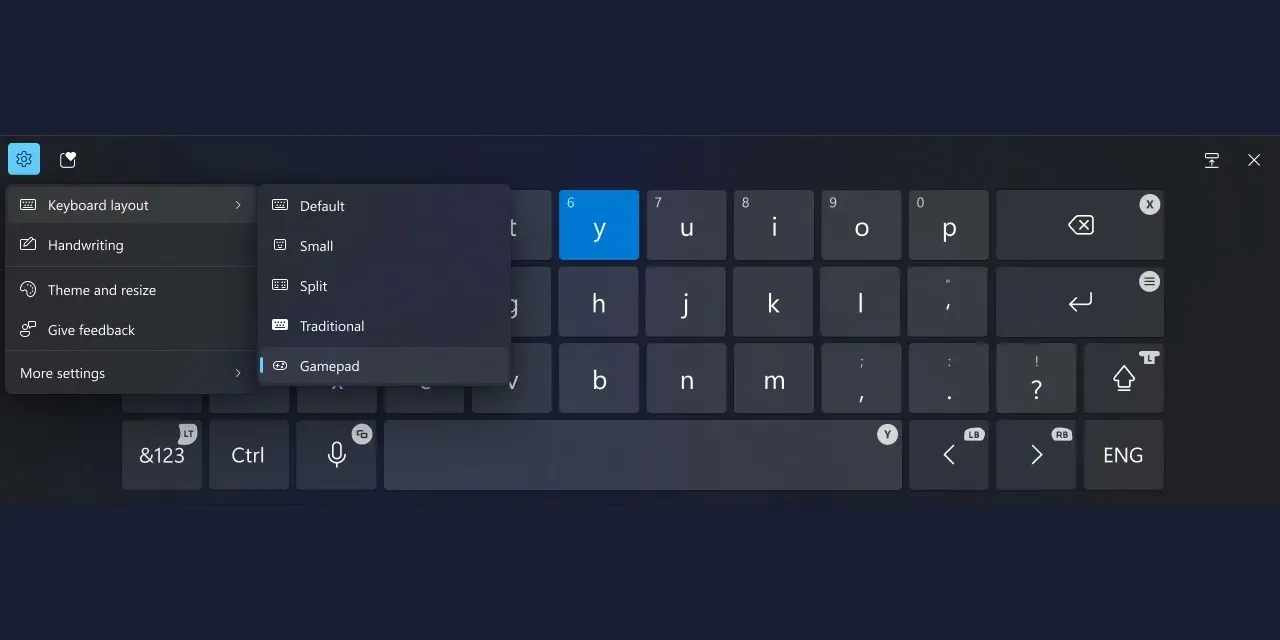 Thiết lập bàn phím tay cầm Xbox trên Windows 11 qua tùy chọn Keyboard layout