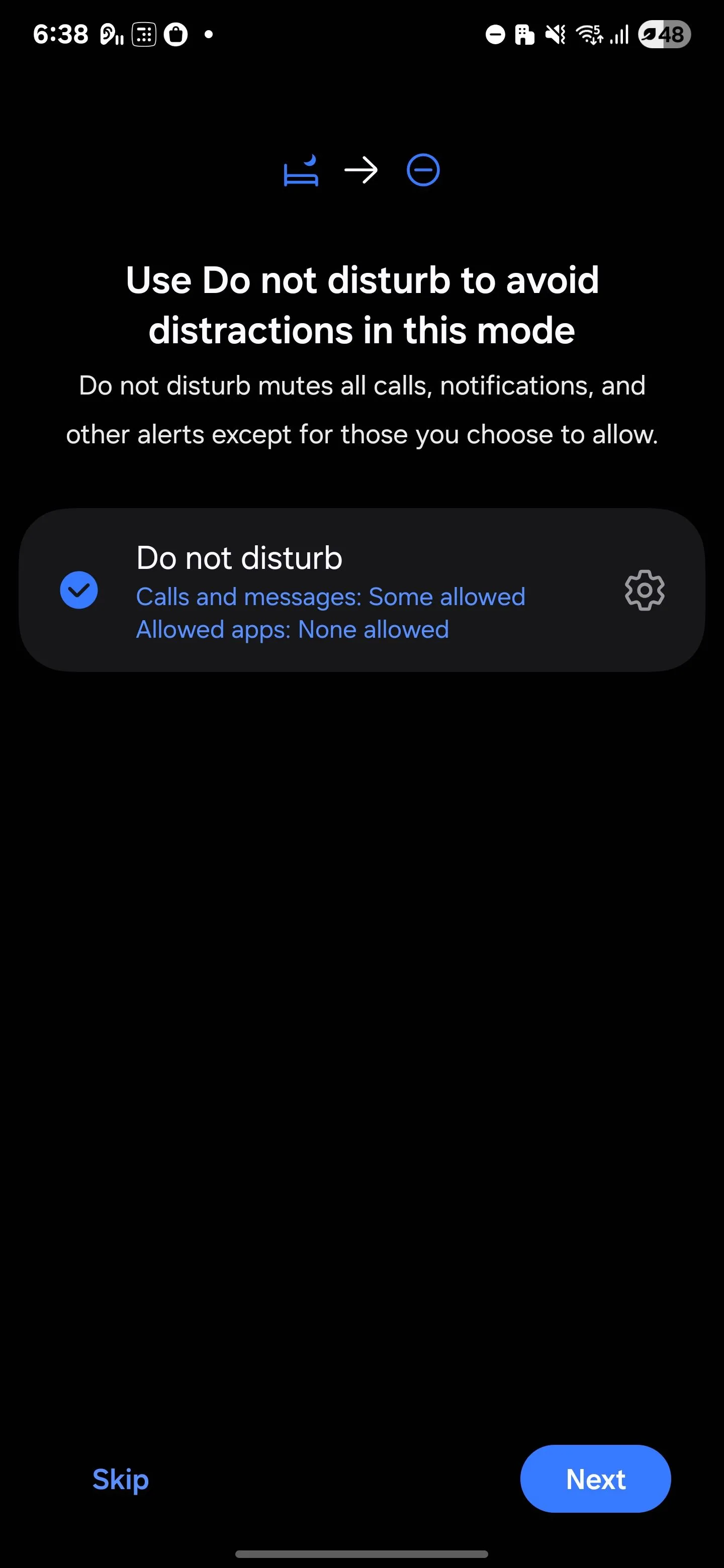Thiết lập chế độ Không làm phiền (Do Not Disturb) trong Chế độ Giờ đi ngủ của Digital Wellbeing Samsung.