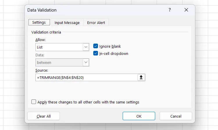 Thiết lập Data Validation trong Excel sử dụng hàm TRIMRANGE để làm sạch nguồn dữ liệu