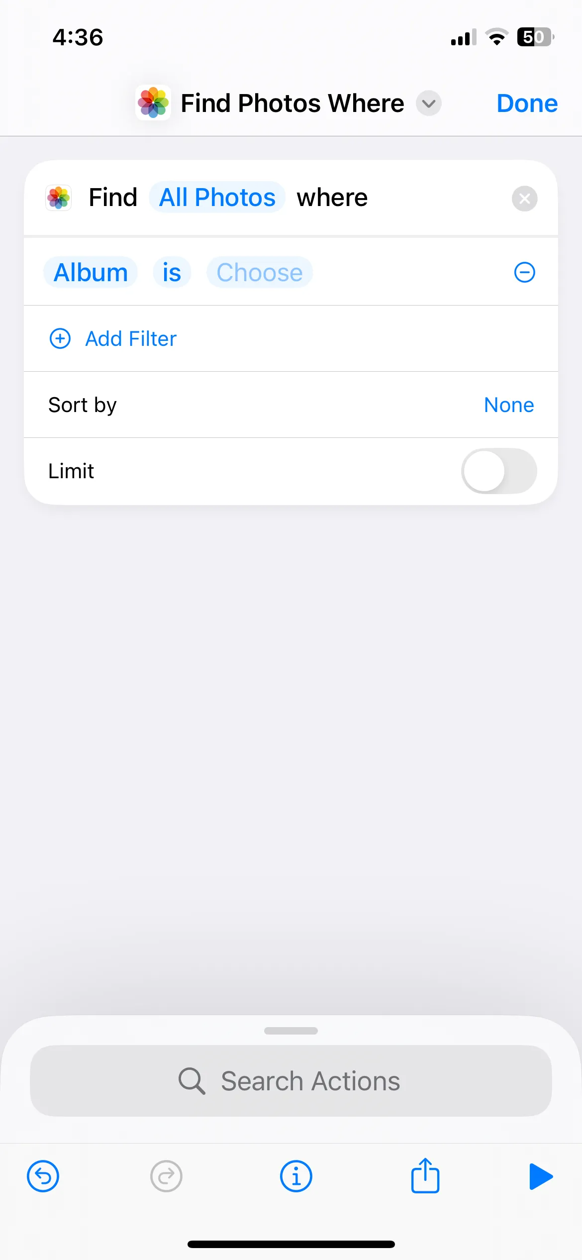 Thiết lập hành động Tìm Ảnh và lọc ảnh chụp màn hình trong ứng dụng Phím tắt trên iPhone