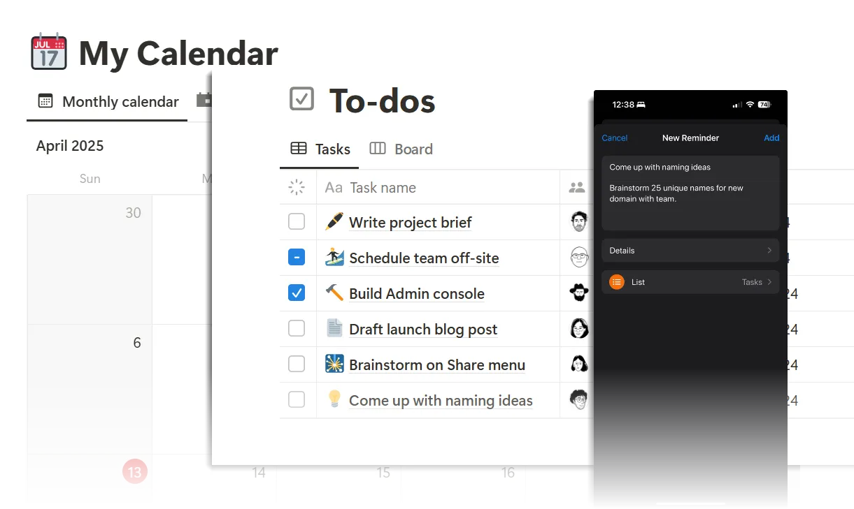 Thiết lập màn hình làm việc với Google Calendar, Notion và Apple Reminders, minh họa quy trình đơn nhiệm trong lập kế hoạch