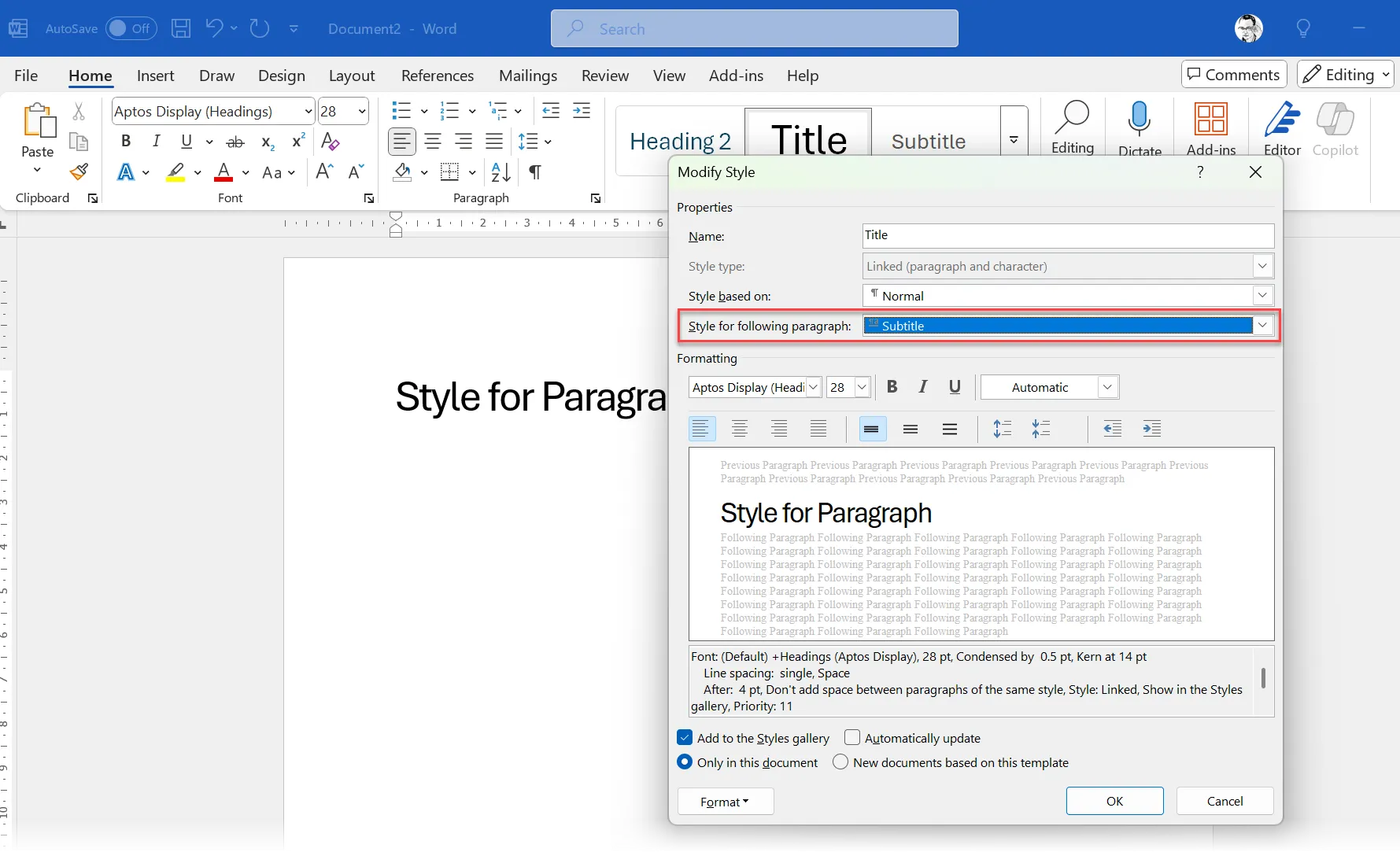 Thiết lập &quot;Style for following paragraph&quot; (Kiểu cho đoạn văn tiếp theo) trong hộp thoại Sửa đổi kiểu của Word để tự động áp dụng định dạng theo chuỗi.