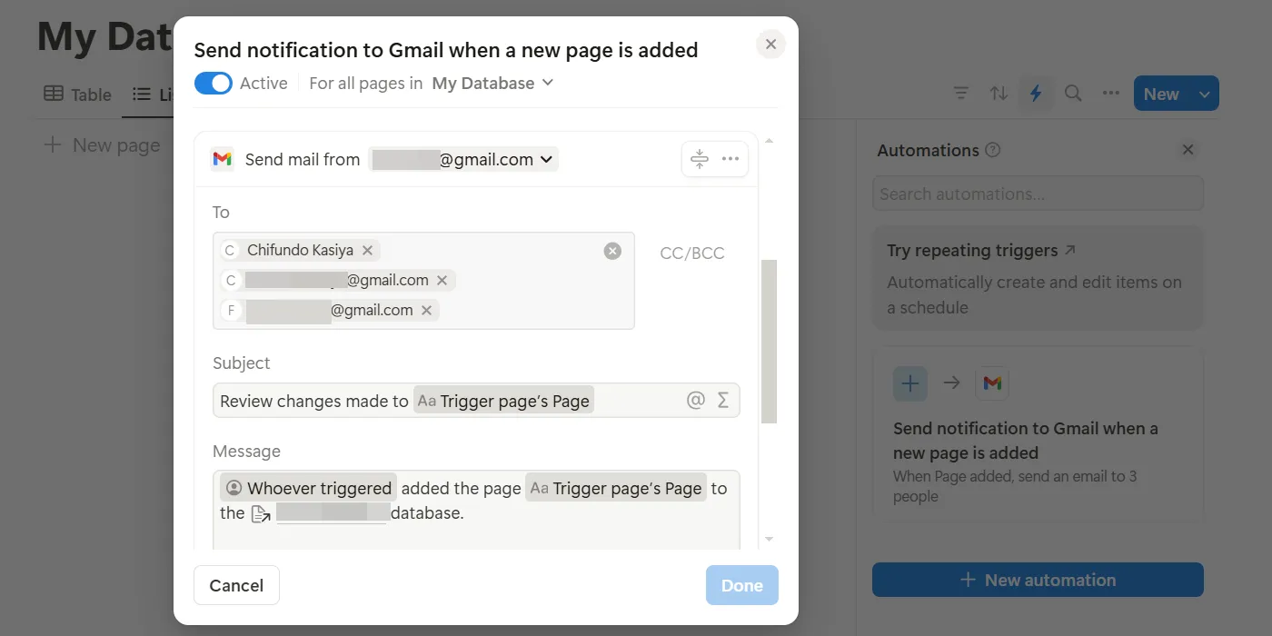 Thiết lập tự động hóa gửi email Gmail từ Notion để cập nhật thông tin.