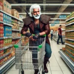 Thợ săn quái vật giả tưởng đang mua sắm tại siêu thị, minh họa chất lượng ảnh DALL-E 3