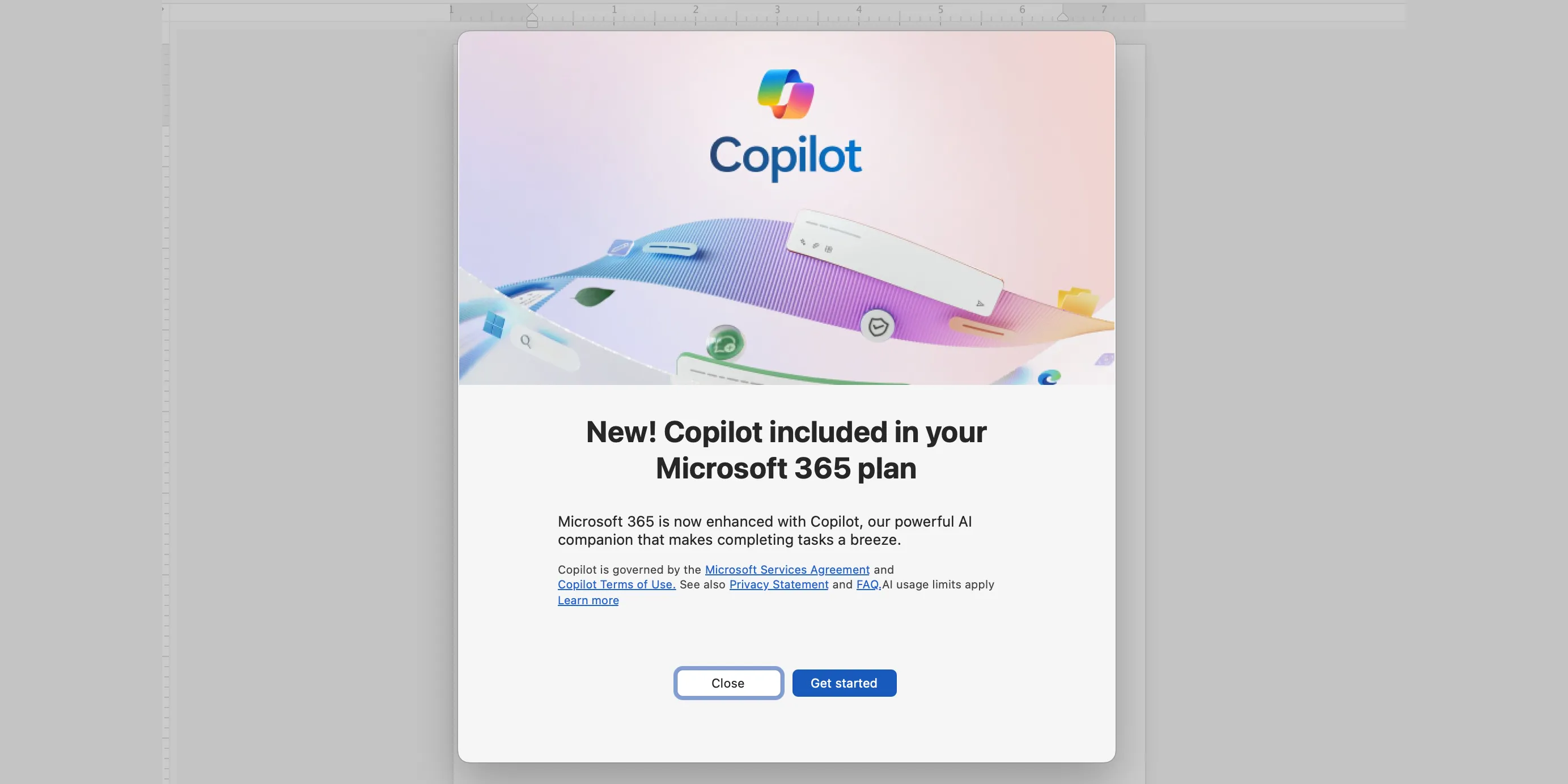 Thông báo cập nhật Copilot hiển thị trên giao diện Microsoft Word, cho thấy tính năng AI đã được tích hợp.