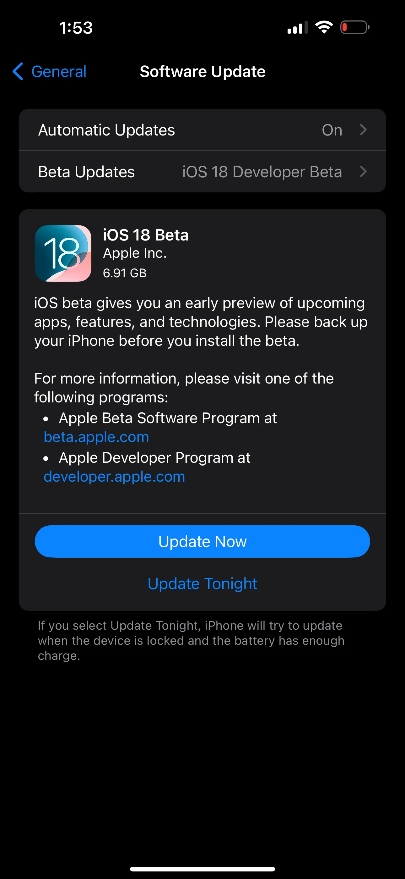 Thông báo cập nhật phiên bản iOS 18 Beta xuất hiện trên màn hình iPhone