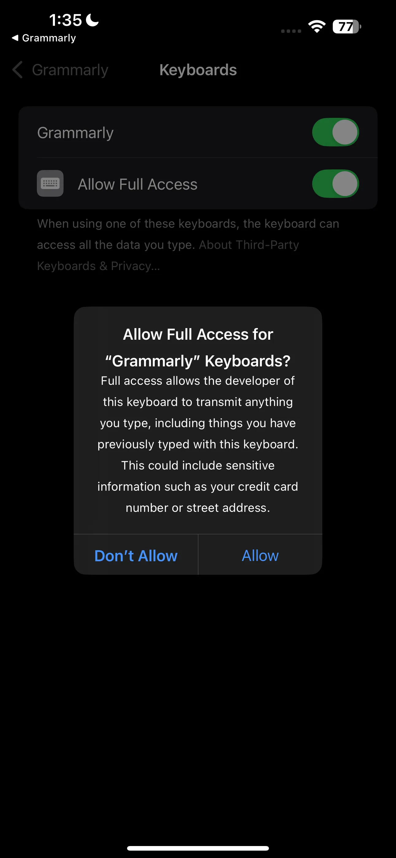 Thông báo cấp quyền truy cập đầy đủ cho bàn phím Grammarly trên iOS