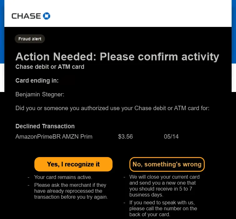 Thông báo email về giao dịch gian lận trên tài khoản Chase Amazon