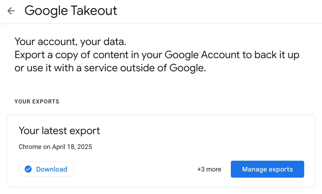 Thông báo hoàn tất chuẩn bị tệp dữ liệu Chrome để xuất từ Google Takeout