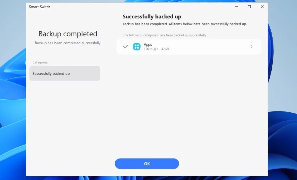 Thông báo hoàn tất sao lưu ứng dụng Secure Folder trên giao diện Smart Switch dành cho máy tính.