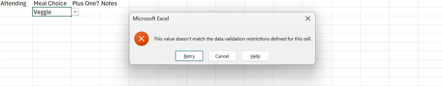 Thông báo lỗi của Microsoft Excel khi dữ liệu không hợp lệ theo quy tắc Data Validation