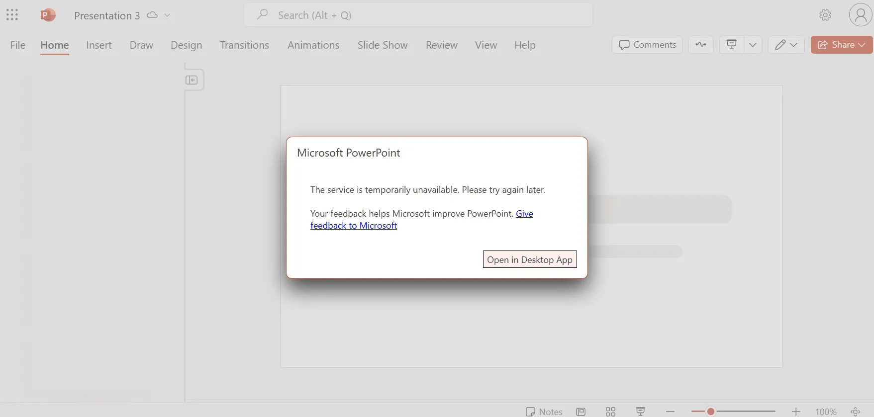 Thông báo lỗi khi cố gắng mở mẫu thuyết trình PowerPoint Online, nhấn mạnh hạn chế của phiên bản web đối với người dùng Microsoft 365 Basic.