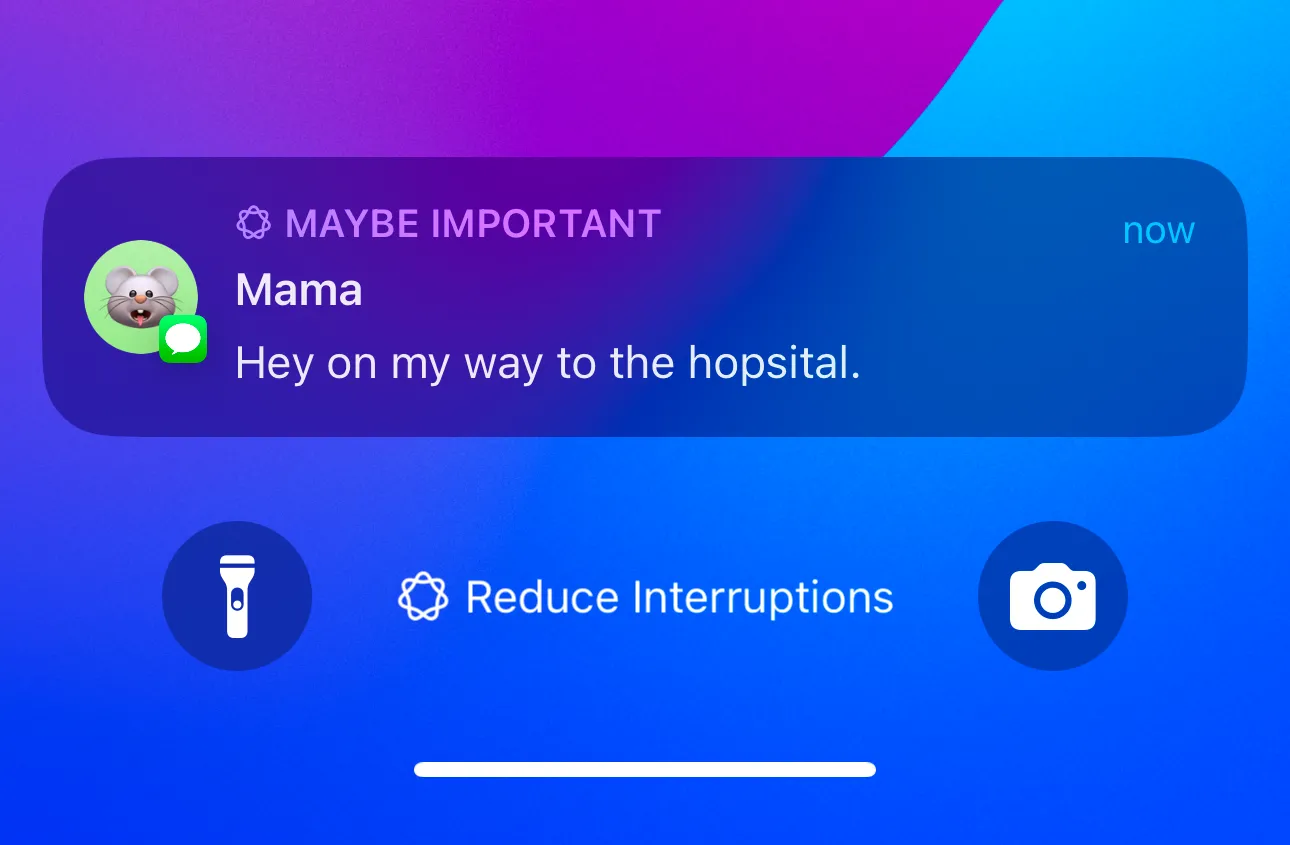 Thông báo &quot;Maybe Important&quot; hiển thị trên màn hình iPhone, minh họa tình trạng thông báo bị chậm trễ hoặc bỏ lỡ khi bật chế độ tiết kiệm năng lượng.