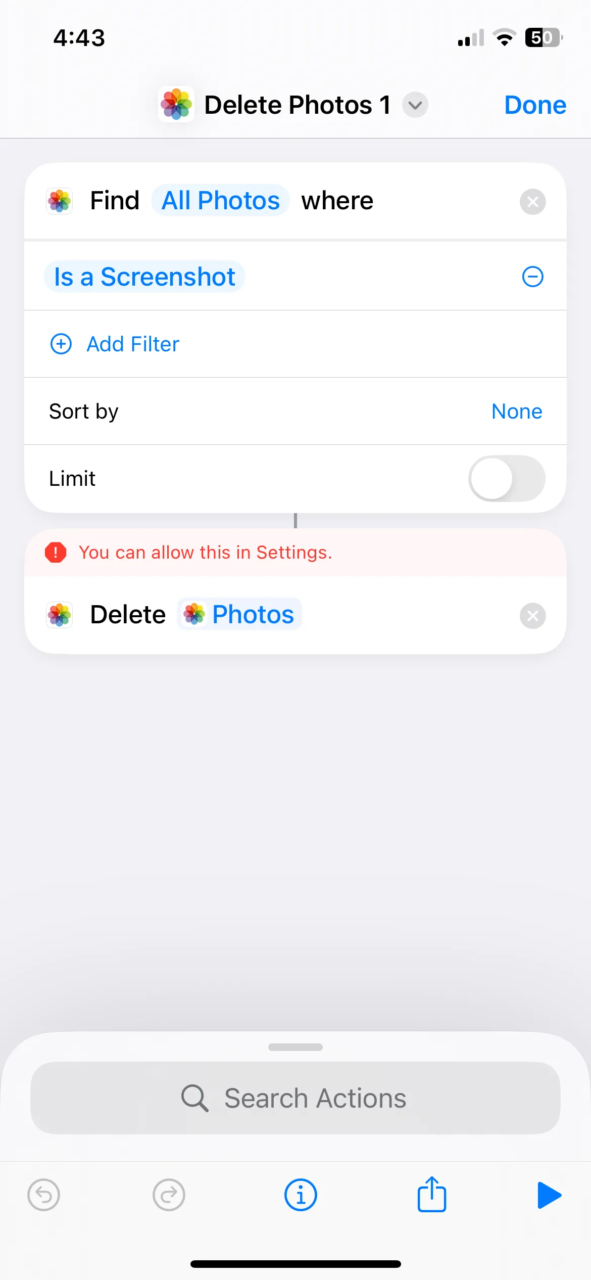 Thông báo xác nhận khi Phím tắt cố gắng xóa ảnh chụp màn hình số lượng lớn trên iPhone