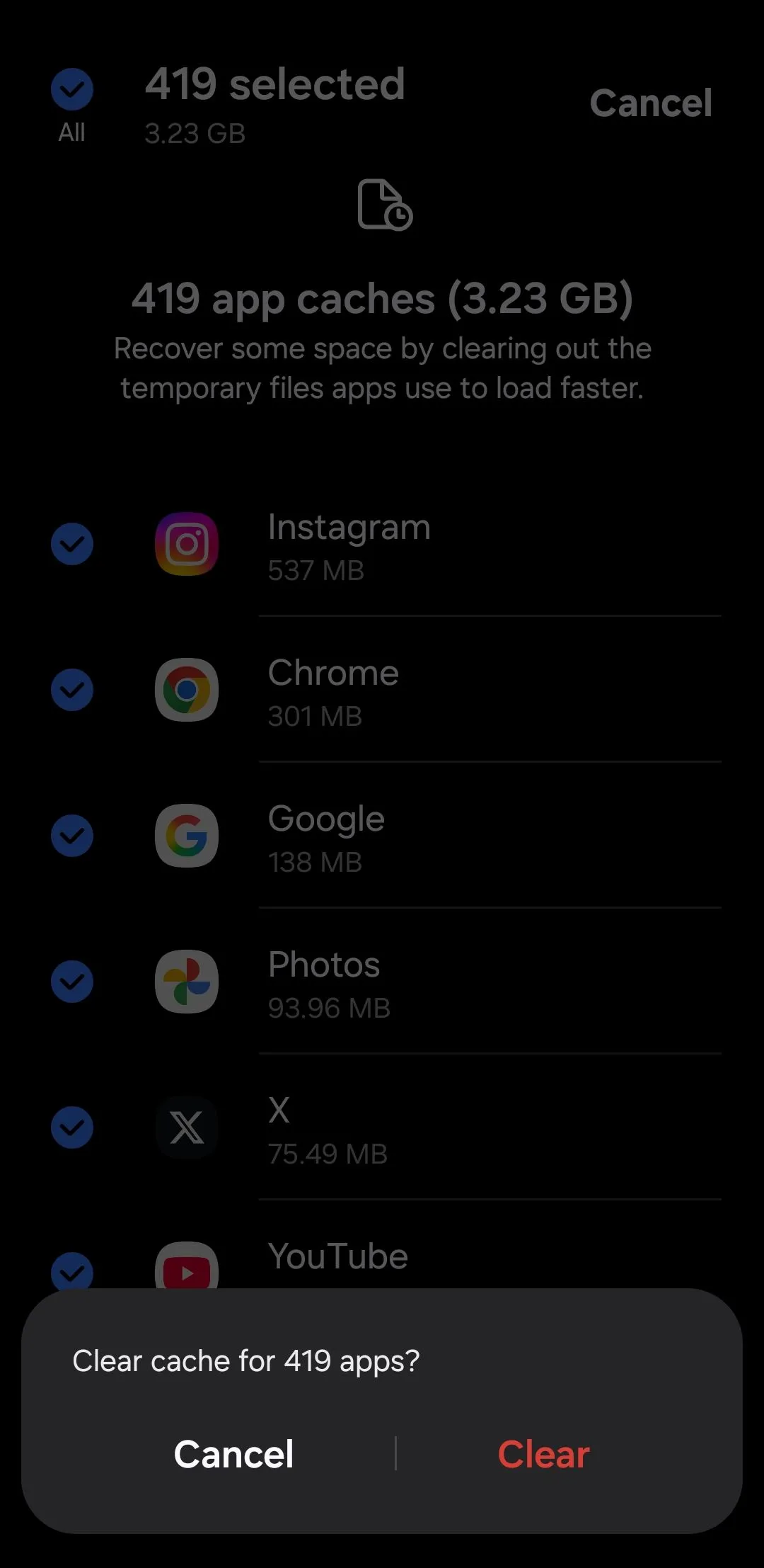 Thông báo xác nhận xóa bộ nhớ đệm cho ứng dụng trên điện thoại Samsung Galaxy