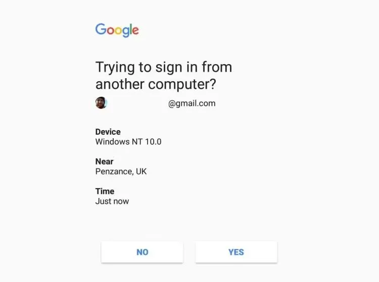 Thông báo yêu cầu xác thực hai yếu tố (2FA) của Google trên thiết bị thứ hai để bảo vệ tài khoản