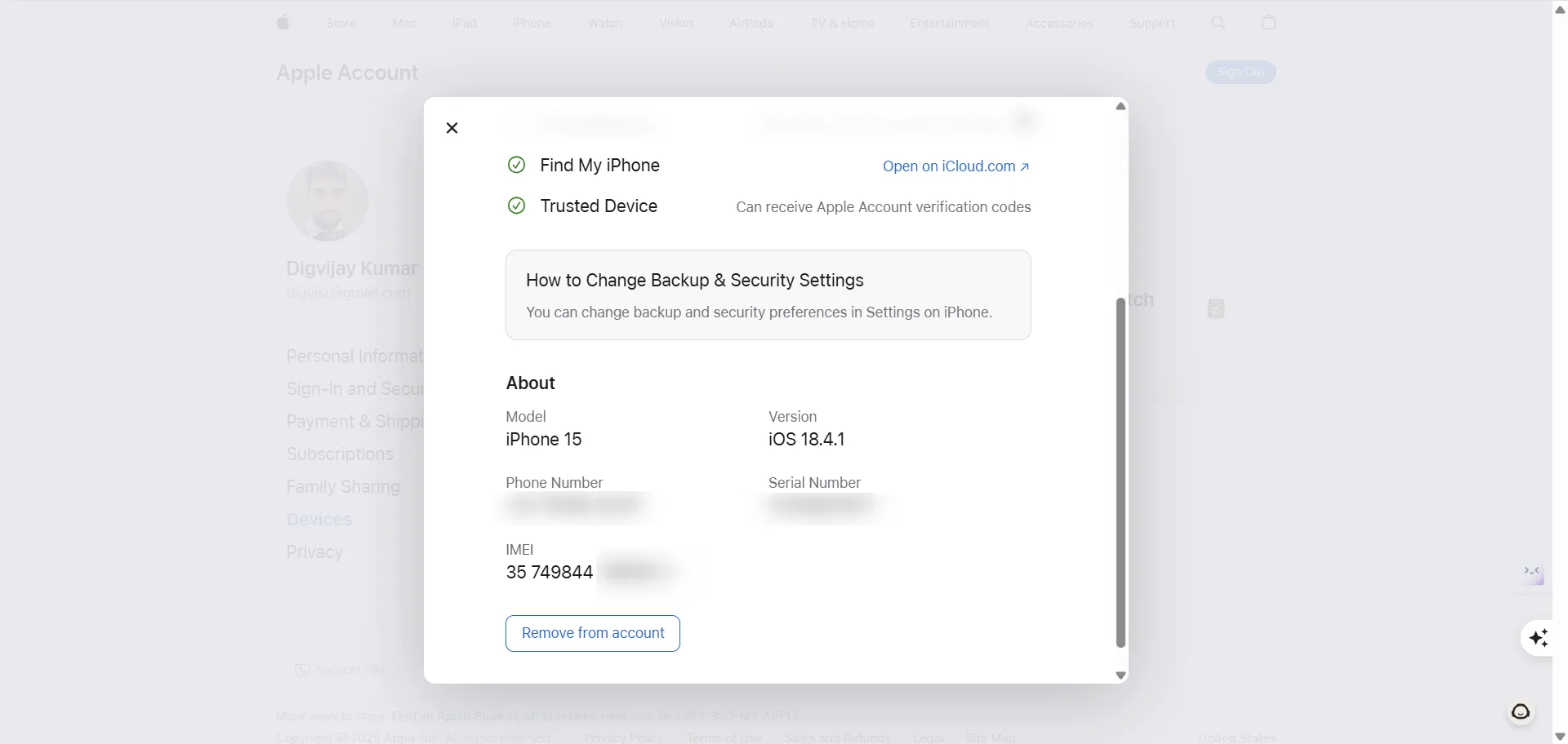 Thông tin chi tiết số IMEI của iPhone được tìm thấy trong mục Thiết bị của tài khoản Apple ID