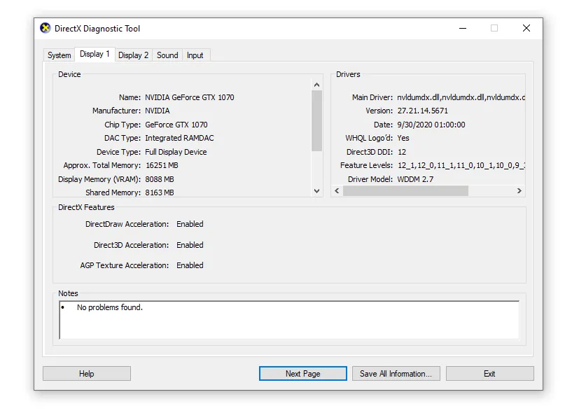 Thông tin chi tiết về card đồ họa trên cửa sổ DirectX Diagnostic Tool (Dxdiag)