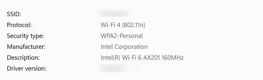 Thông tin chi tiết về mạng Wi-Fi đã kết nối trên Windows, hiển thị 'Security type' (WPA2-Personal) và các thuộc tính khác của mạng.