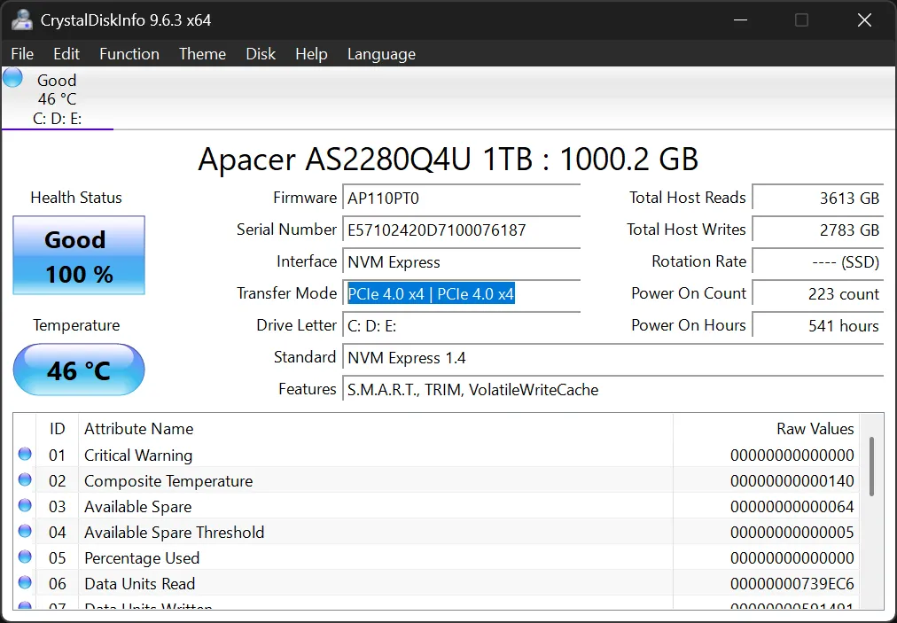 Thông tin về chế độ PCIe của ổ cứng NVMe SSD được CrystalDiskInfo hiển thị