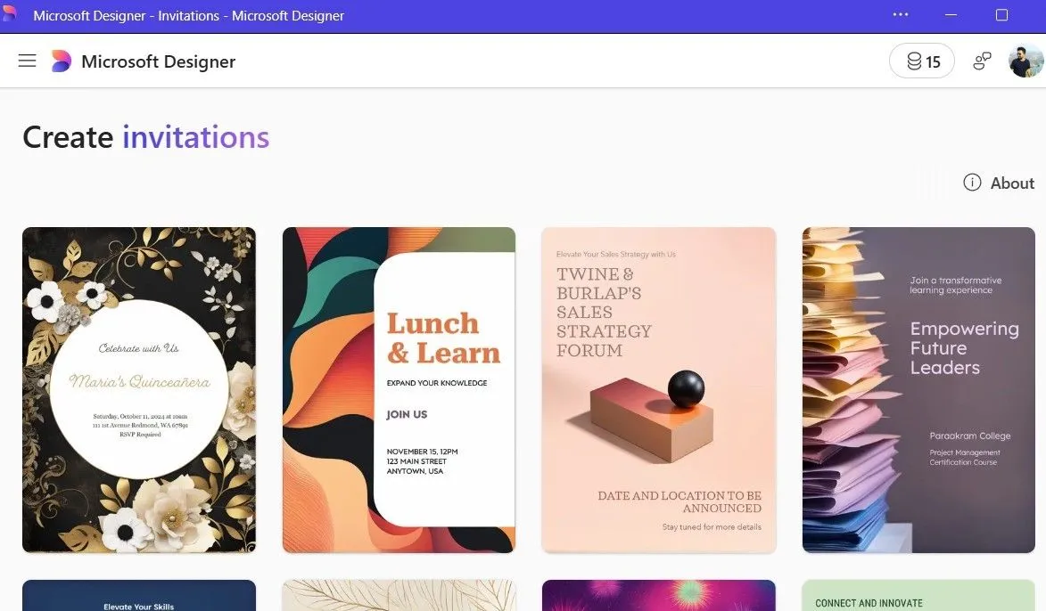 Thư viện mẫu thiết kế sẵn có (templates) trong ứng dụng Microsoft Designer, hỗ trợ tạo nhanh các ấn phẩm như thiệp mời