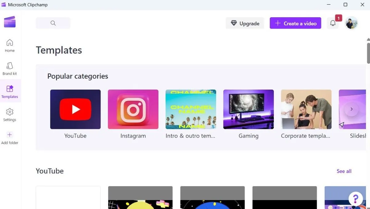 Thư viện mẫu video có sẵn trong ứng dụng Clipchamp