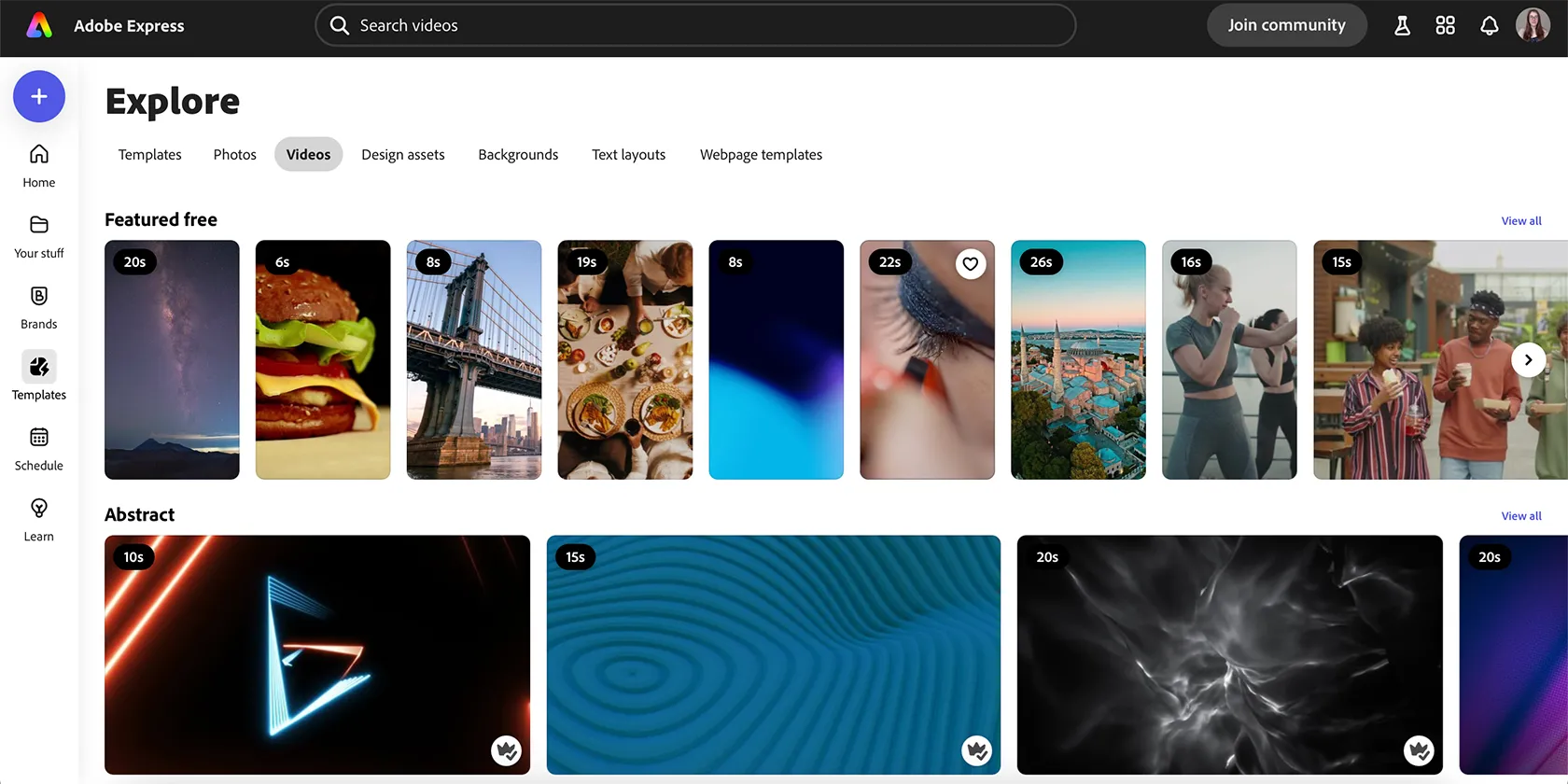Thư viện tài nguyên video và hình ảnh stock phong phú từ Adobe Stock có sẵn trong Adobe Express