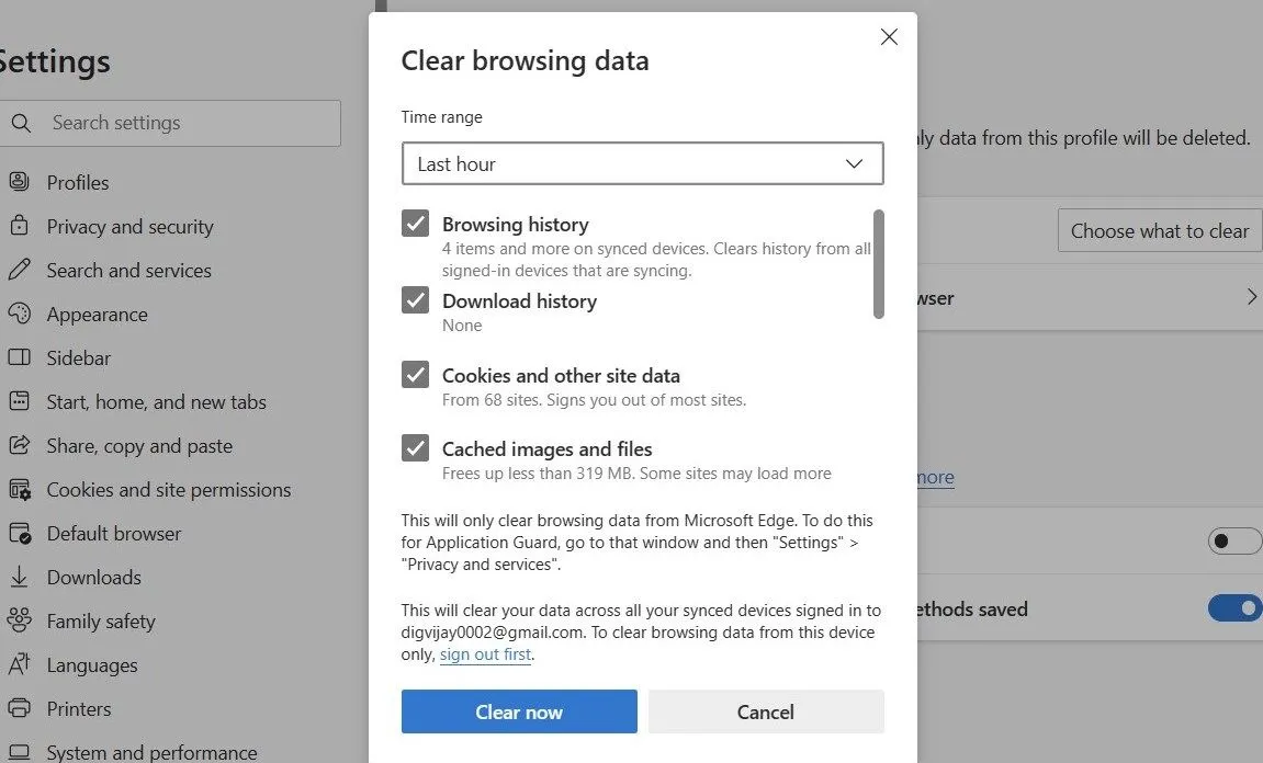 Thực hiện xóa dữ liệu trình duyệt trên Microsoft Edge.