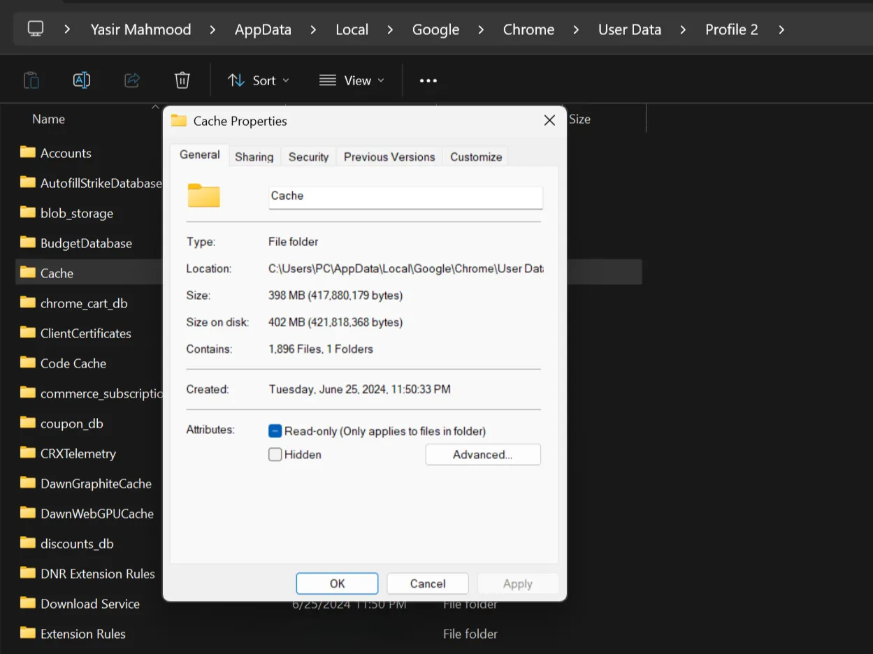 Thuộc tính thư mục bộ nhớ đệm Google Chrome trong Windows hiển thị dung lượng