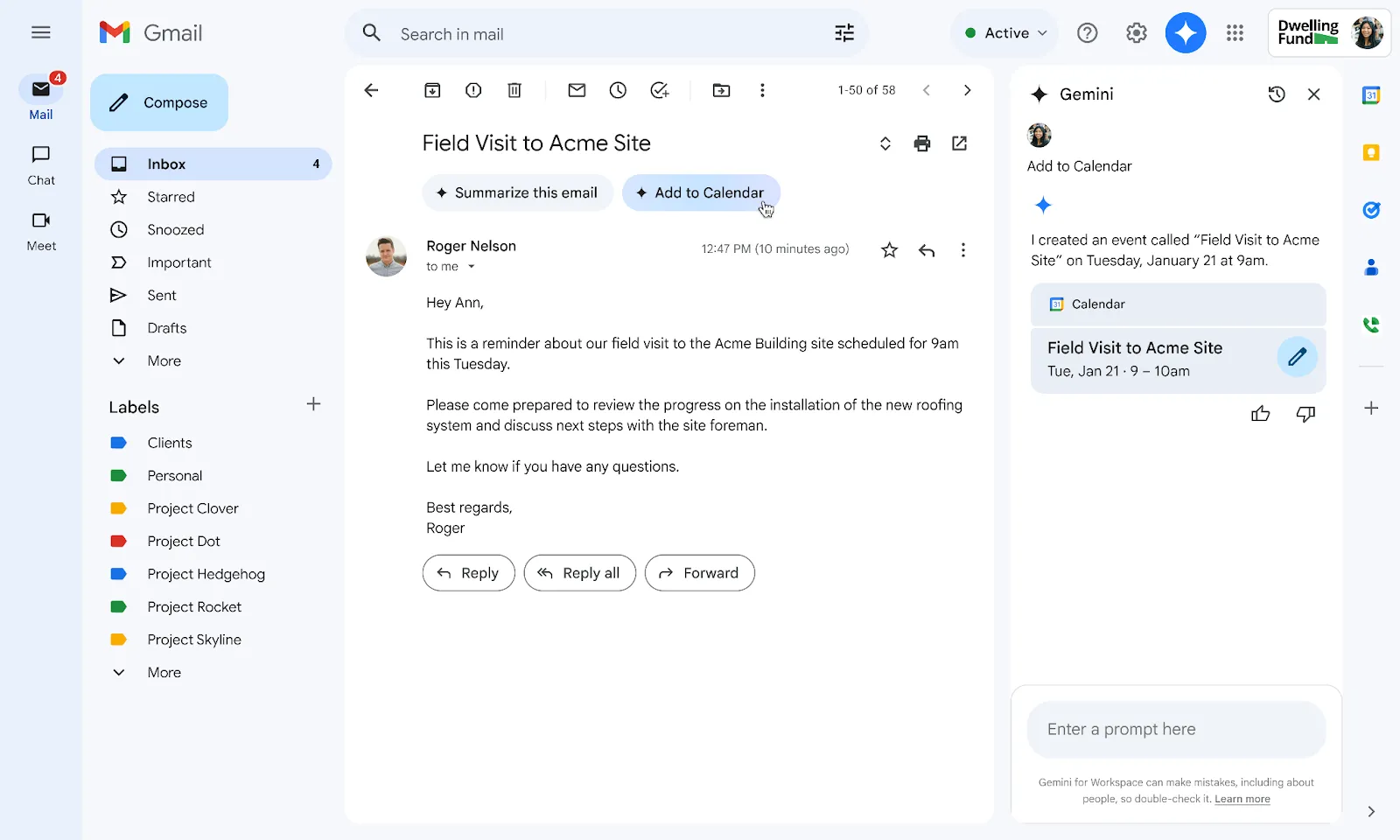 Tích hợp Gemini AI trong Gmail hiển thị nút 'Thêm vào lịch' và giao diện tạo sự kiện Google Calendar