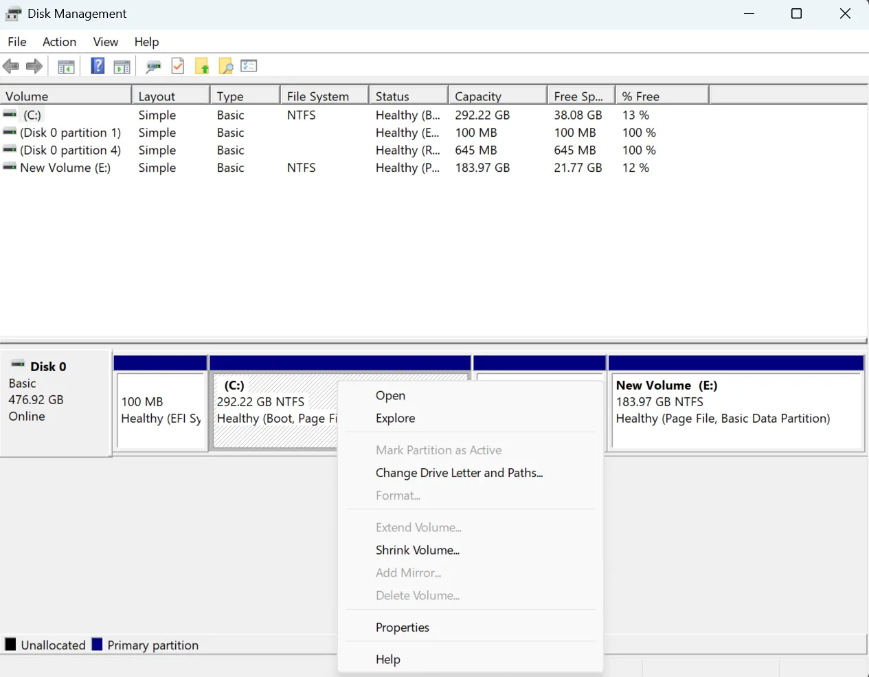 Tiện ích Disk Management của Windows 11 hiển thị tùy chọn phân vùng ổ cứng
