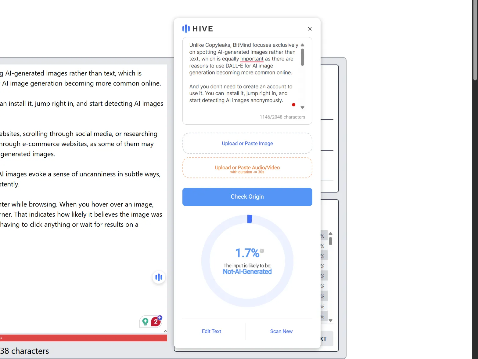Tiện ích mở rộng Hive AI Chrome xác nhận nội dung được viết bởi con người, hiển thị kết quả phân tích trong thanh bên.