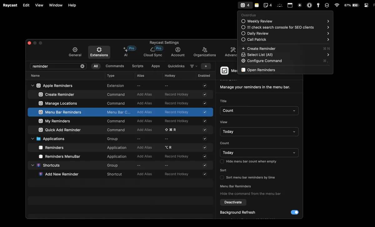 Tiện ích mở rộng Reminders của Raycast hiển thị trên Menu Bar