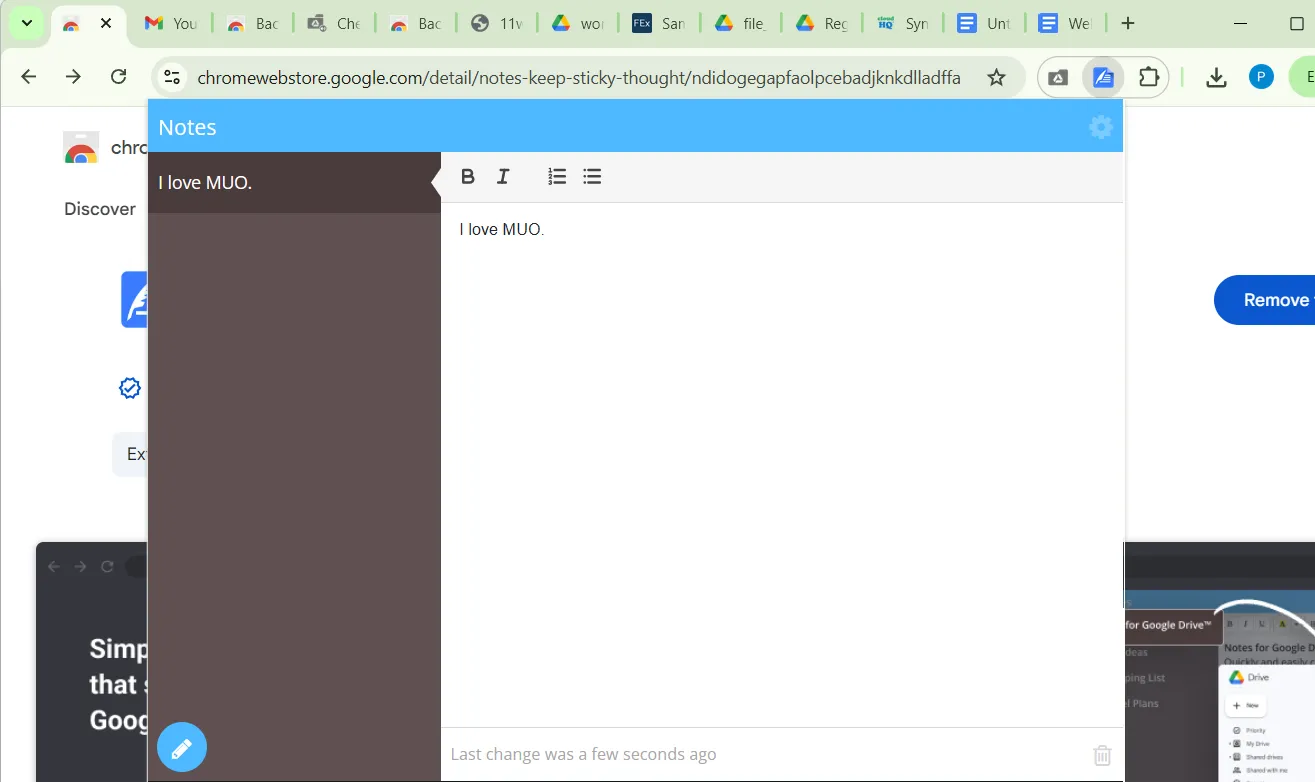 Tiện ích Notes cho Google Drive hiển thị cửa sổ ghi chú trong Chrome